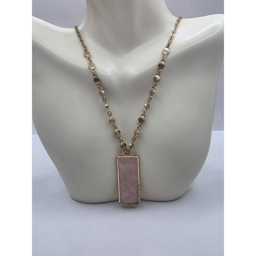 Rose Quartz Rectangle Pendant Goldtone Disc & Cable Chain Necklace